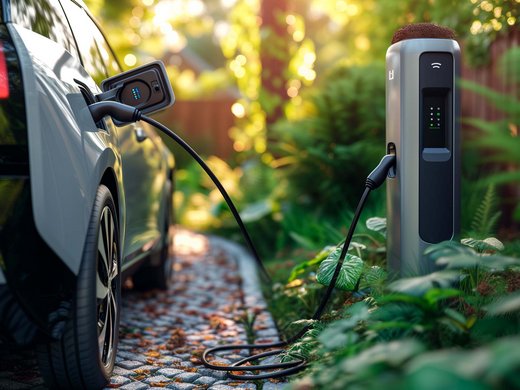 Nachhaltiges Handeln im Sensoria Dolomites Elektroauto wird in sonniger Gartenumgebung an Ladestation geladen