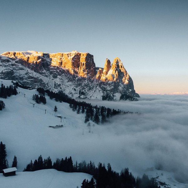 Aktivurlaub in Südtirol – bereit für Natur pur? Schneebedeckte Berge bei Sonnenuntergang über Nebel und Tannen