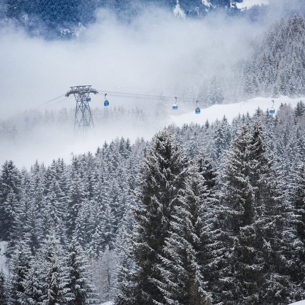 Seiser Alm: Skiurlaub de luxe Verschneite Tannen im Wald mit Seilbahn und Nebel