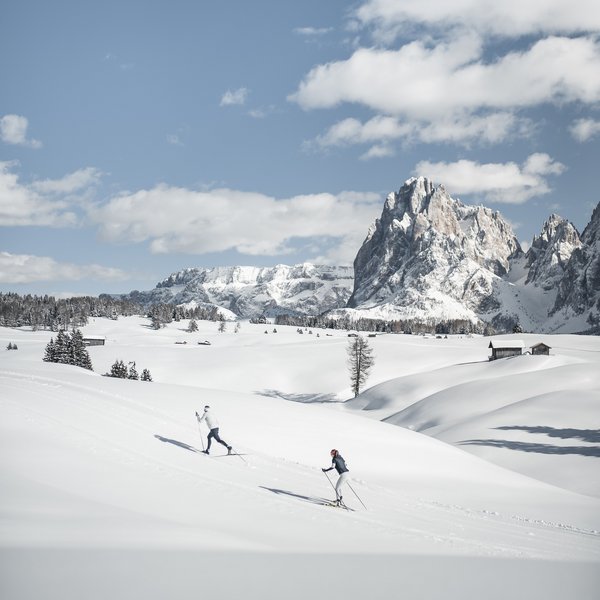 Seiser Alm: Skiurlaub de luxe Zwei Skifahrer in verschneiter Berglandschaft mit blauem Himmel und Bergen