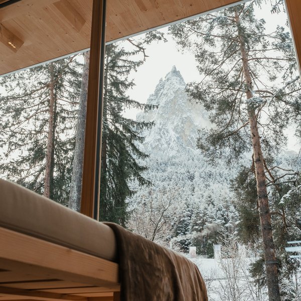 Sensoria Dolomites: Wellnesshotel in den Dolomiten Blick aus einem Holzzimmer auf verschneiten Berg und Wald