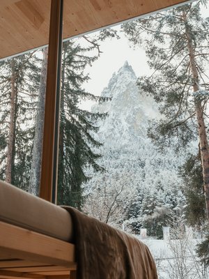 Sensoria Dolomites: Wellnesshotel in den Dolomiten Blick aus einem Holzzimmer auf verschneiten Berg und Wald